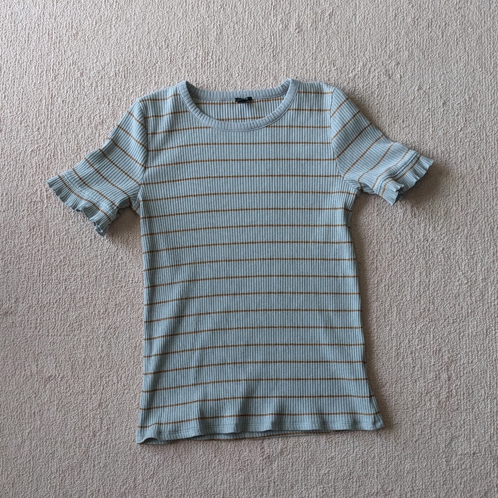 J. Crew gray and gold striped short sleeve shirt with ruffles, size M